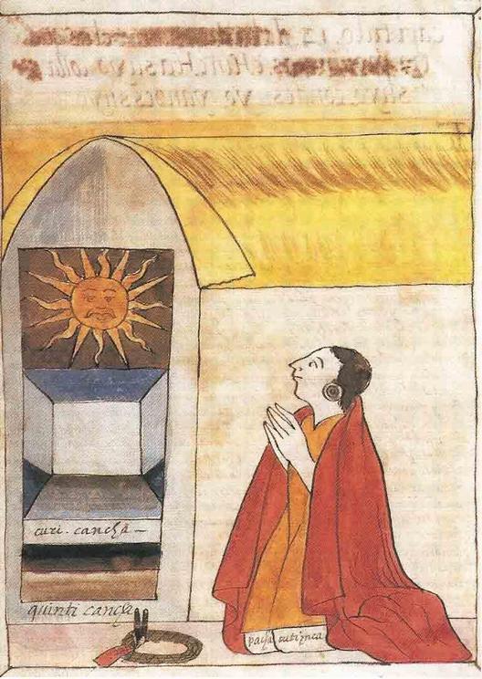 A painting of Pachacuti praying at the Temple of the Sun in Cusco.