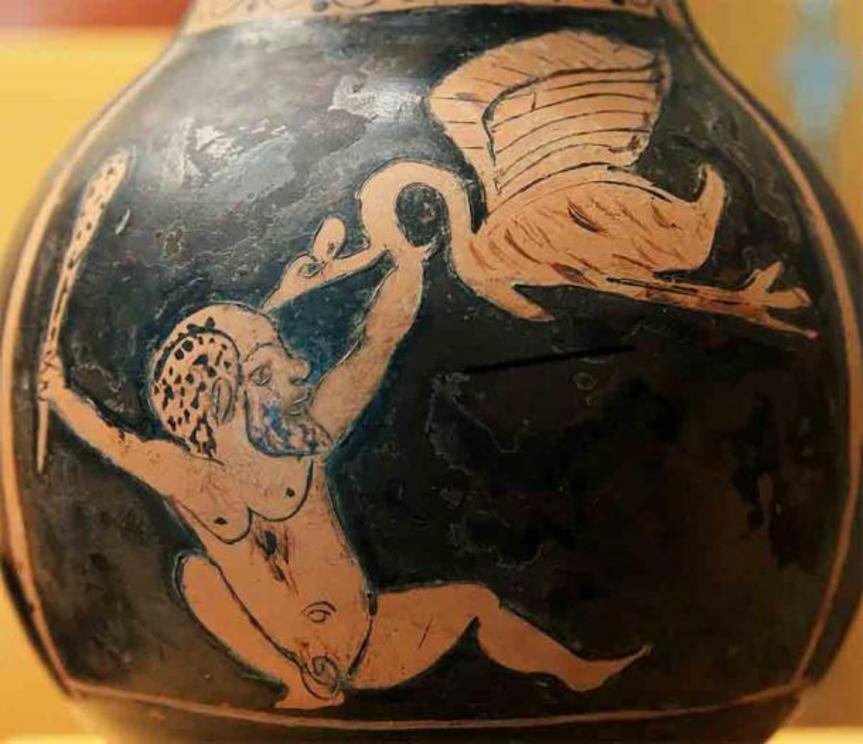 Pygmy fighting a crane, Attic red-figure chous, 430–420 BC.