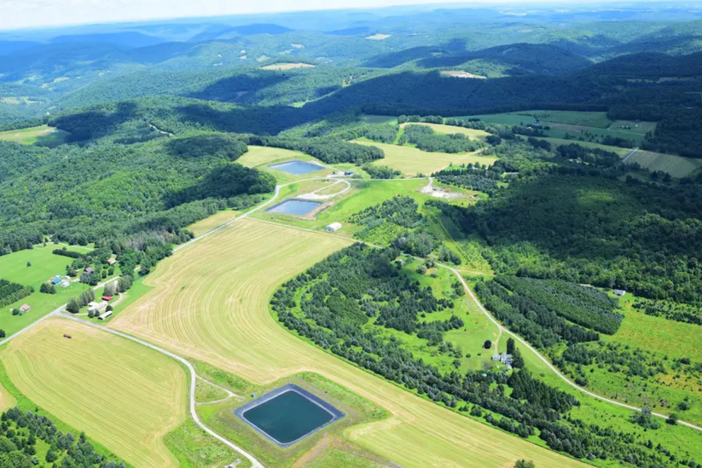 Aerial view of fracking wastewater storage ponds in central Pennsylvania.