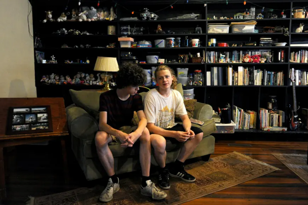 Brothers Kylan Bjornson and Nels Bjornson in their home in Scenery Hill, Pennsylvania.