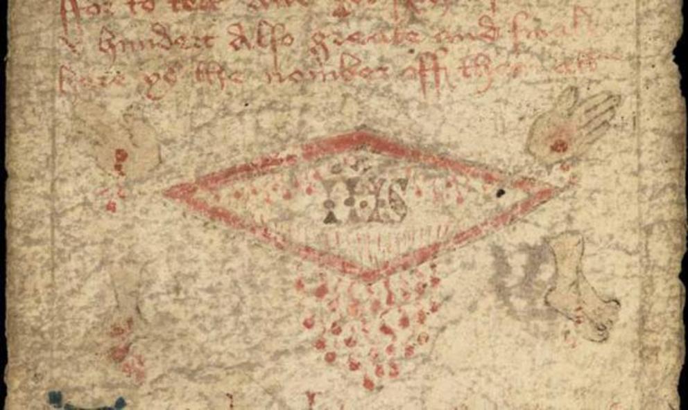 I.H.S. monogram in red within a flattened diamond-shaped figure; at the corners, the Five Wounds and the Blood: in red and black.