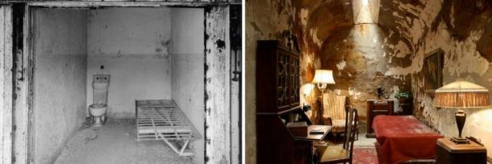 Left: A regular cell at Eastern State Penitentiary. Right: Al Capone’s cell.