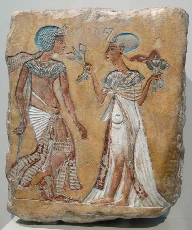 A relief of a royal couple in the Amarna style; figures have variously been attributed as Akhenaten and Nefertiti, Smenkhkare and Meritaten, or Tutankhamen and Ankhesenamun.