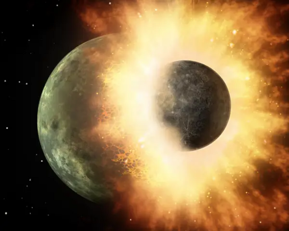 An artist's depiction of a possible collision between a proto-planet like Theia and the Earth. 