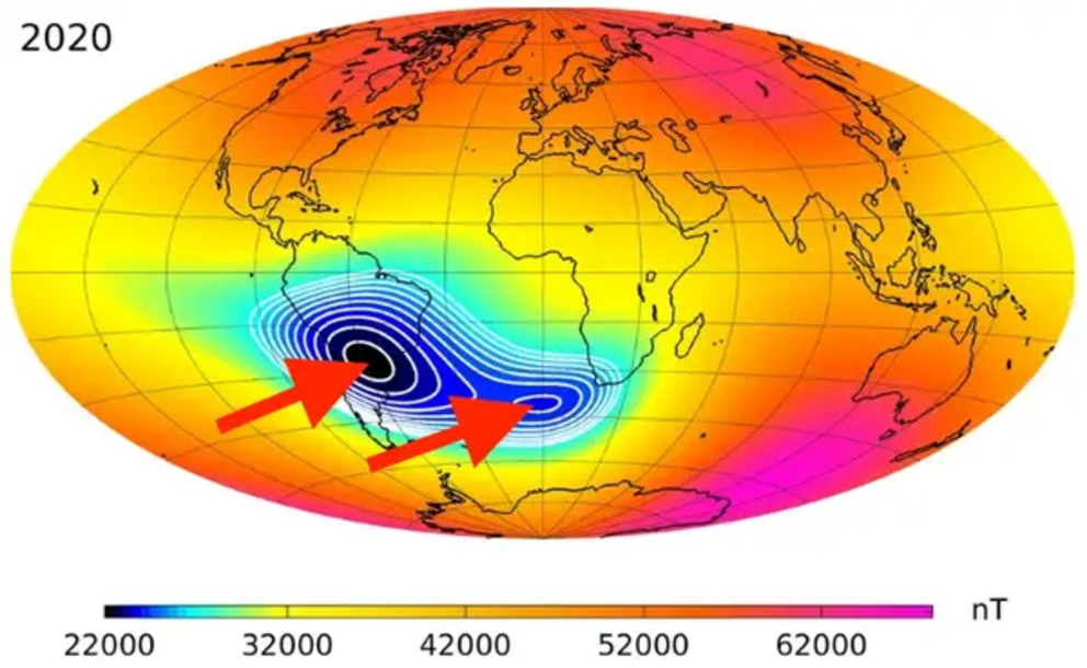 The strength of Earth's magnetic field in 2020, as measured by the European Space Agency's SWARM satellites. In blue is the weaker area of the field.