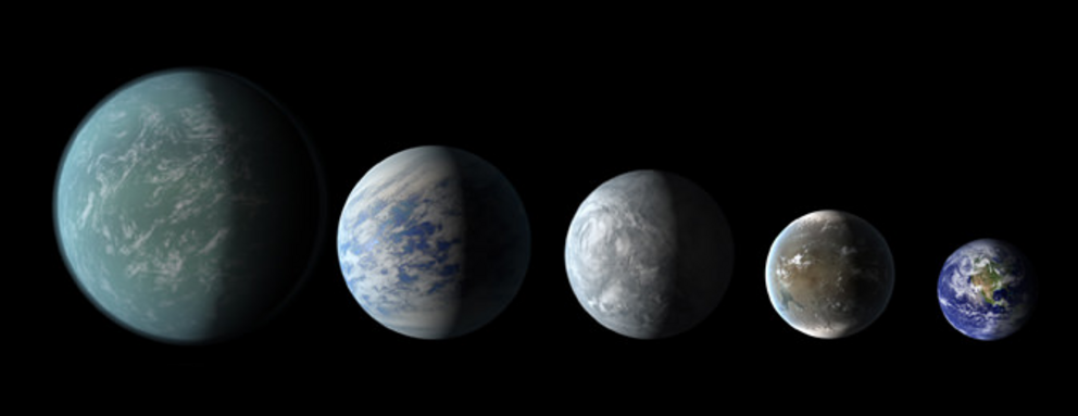 Relative sizes of Kepler habitable zone planets discovered as of 2013 April 18. Left to right: Kepler-22b, Kepler-69c, Kepler-62e, Kepler-62f, and Earth (except for Earth, these are artists’ renditions).