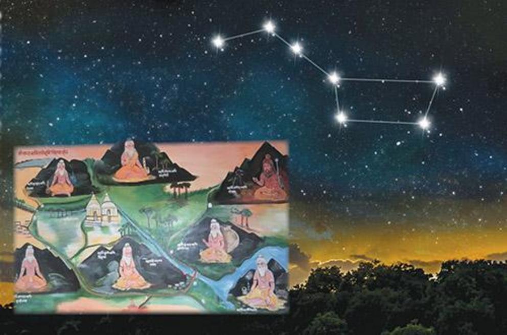 The Great Bear constellation (Ursa Major) is clearly visible in the northern sky throughout the year. The seven prominent stars represent the Seven Sages (Saptarshi), each one depicted in the painting.