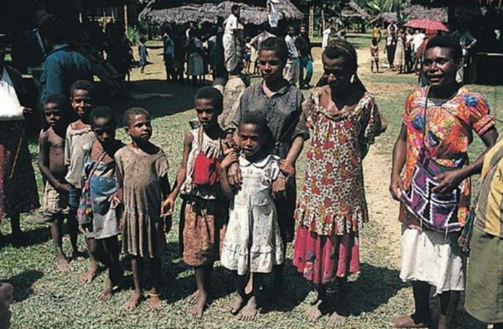 Papua New Guineans in 2005. A typical scene in a village that has lost many of its young men to the towns as rural-urban migrants. The population structure of such villages is quite unbalanced.