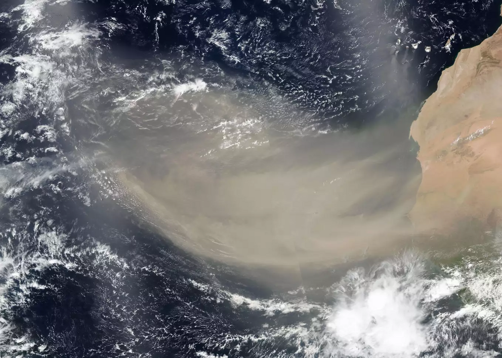 A visible satellite image of the historic June 2020 Sahara Dust plume, taken on June 18.