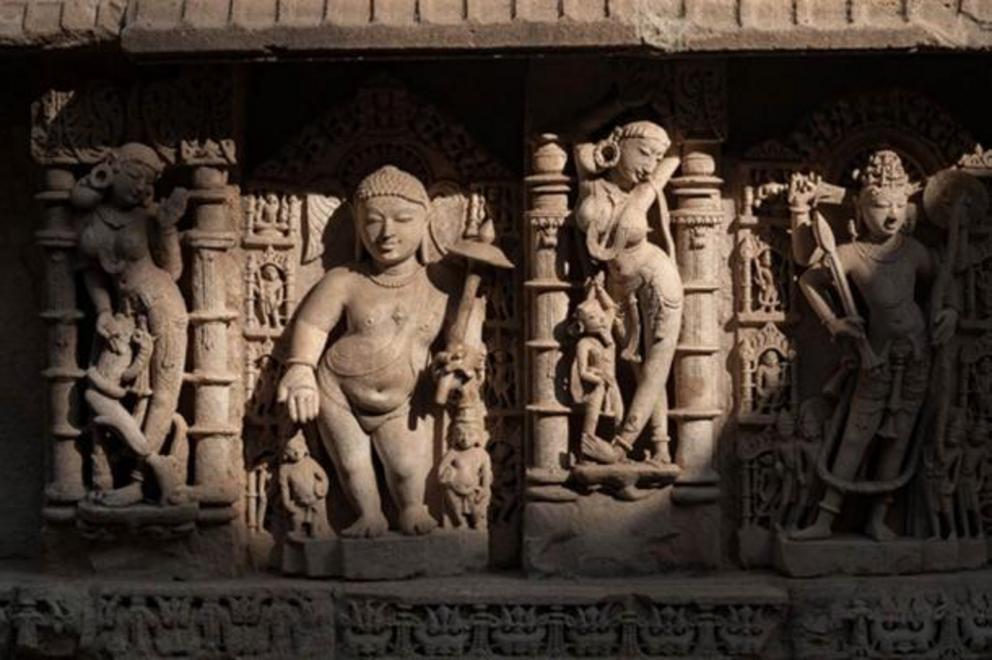 Intricate carvings at the Queen’s stepwell or Rani ki Vav in Patan, Gujarat, India.