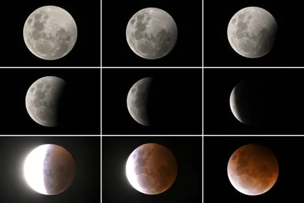 The full moon as it transitions from penumbral lunar eclipse phase (top row left to right) to maximum lunar eclipse phase (bottom row) in Sydney, Australia on May 26.