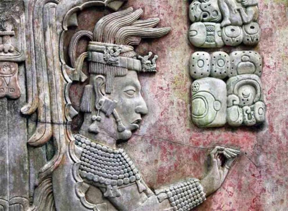 Bas-relief carving with of a Maya king from Palenque, Chiapas, Mexico.