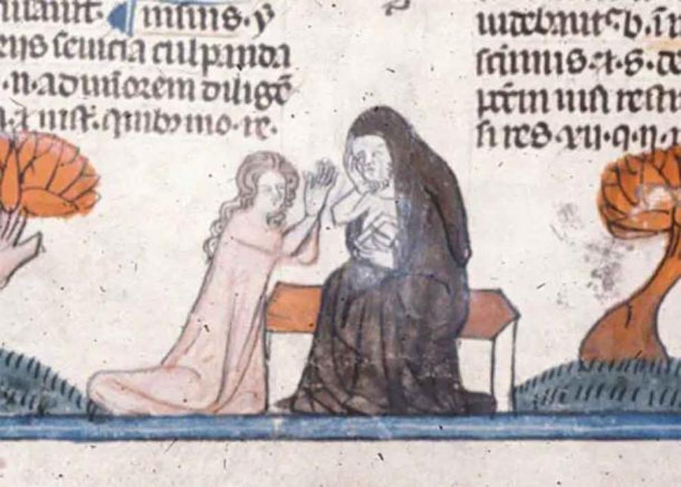 A medieval woman giving her confession.