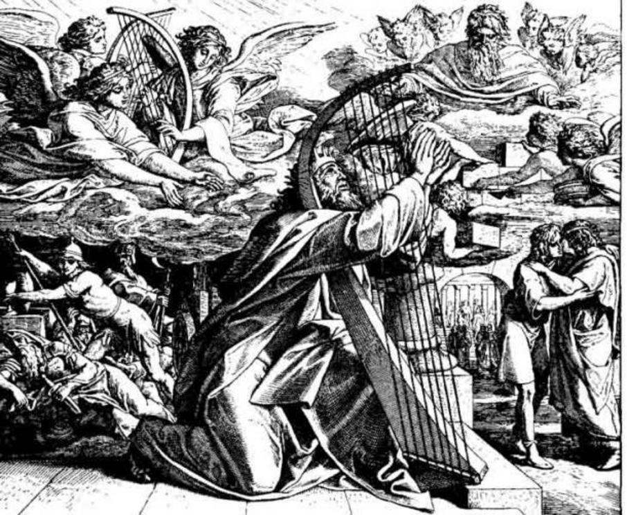 David is depicted giving a psalm to pray for deliverance in this 1860 woodcut by Julius Schnorr von Karolsfeld.