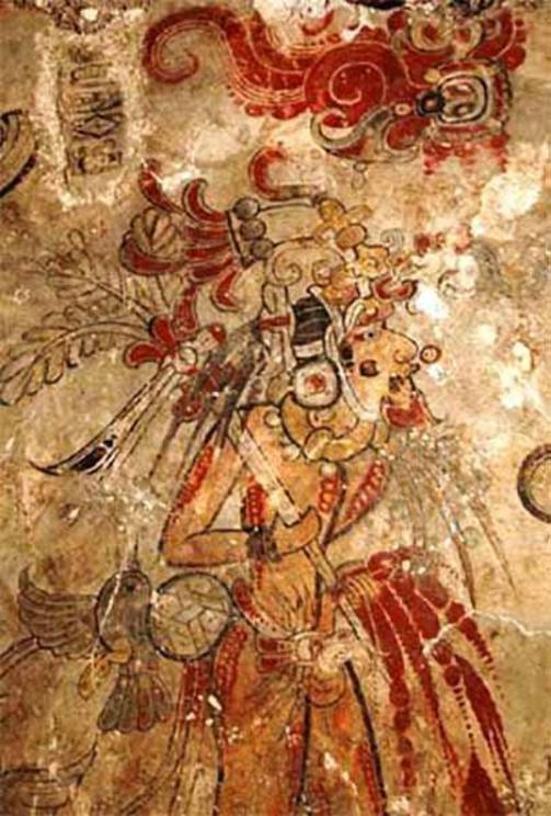 A Maya king impersonating the hero Hunahpu by piercing his penis with a spear to spill sacrificial blood, west mural fragment, San Bartolo.