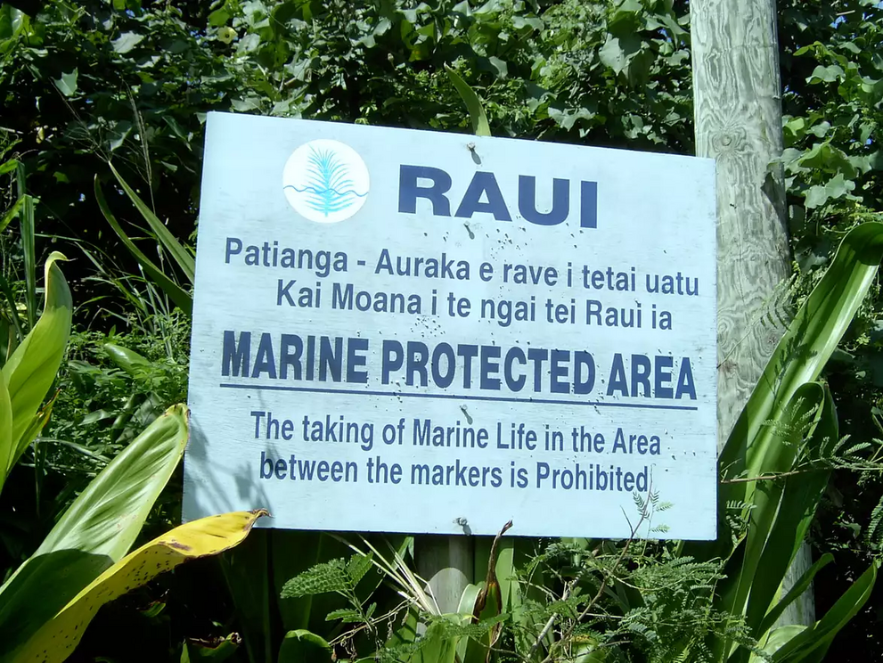 An MPA sign in the Cook Islands. The island's Indigenous Peoples call the concept of conservation 