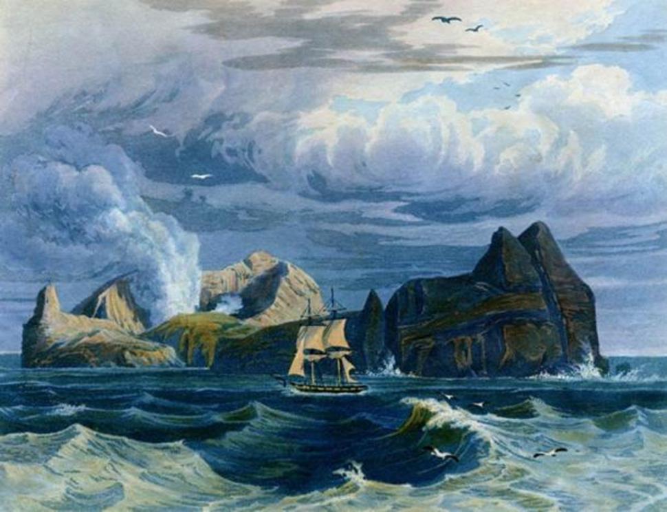 Sulphur Island (Iwo Jima) in the rough sea and boat sailing. Robert Havell's engraving of Captain Hall’s ship, the Lyra, passing in front of Okinawa's active volcano island of Iwo-Tori Jima.