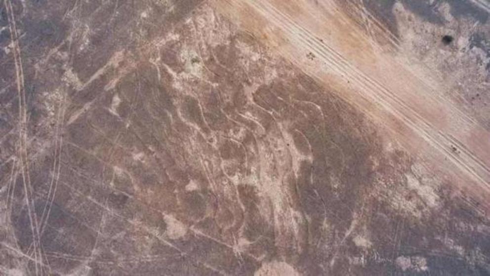 An aerial view of one section of the immense Thar Desert geoglyphs in the desert of Rajasthan, India.