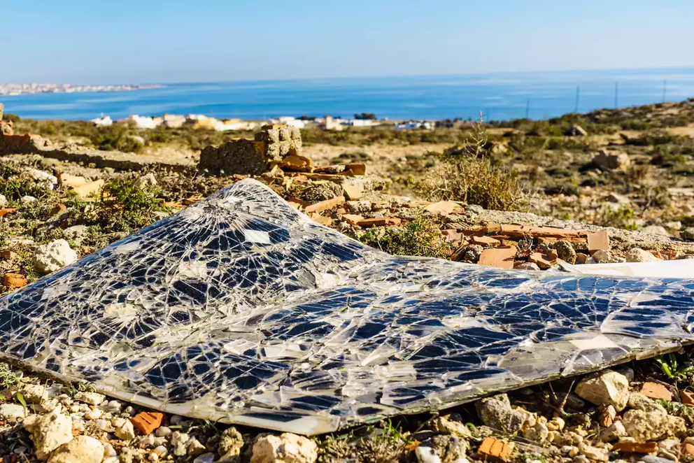 Damaged solar photovoltaic panel.