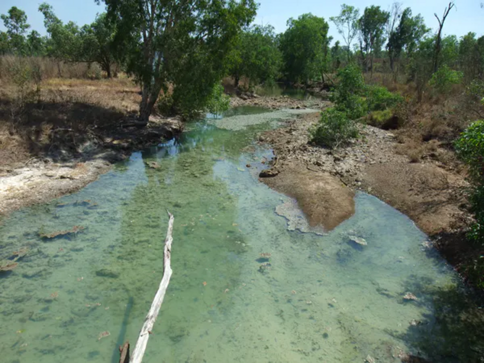 The copper-tainted green hues of the Finniss River near the waste rock dumps leaking acid mine drainage.