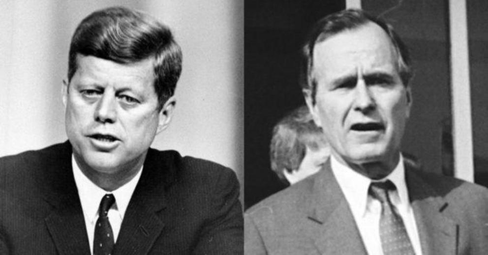 (L): President John Fitzgerald Kennedy (1917-1963). (Flickr/Alexandre Berthaud - CC BY-ND 2.0). (R): Vice President George H. W. Bush visits India in 1984. (Flickr/U.S. Embassy New Delhi - CC BY-ND 2.0).
