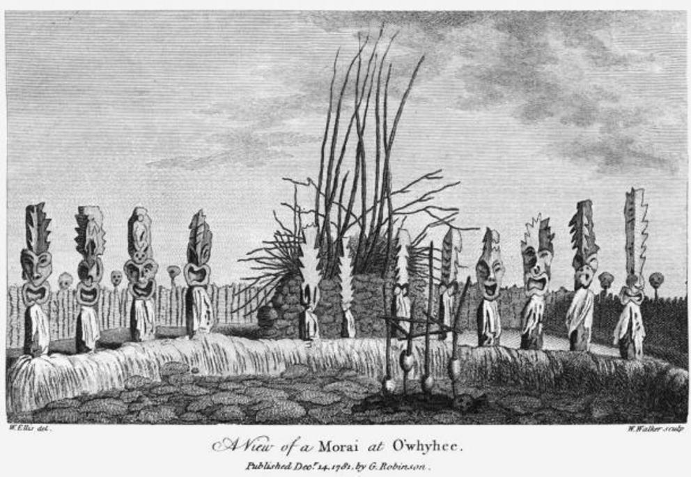 An illustration by William Ellis (from 1781) of the heiau religious site at Kealakekua Bay, Hawaii.