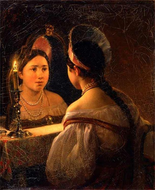 Russian folk catoptromancy - divination using a mirror - by Karl Briullov, (1836) Nizhniy Novgorod Museum 