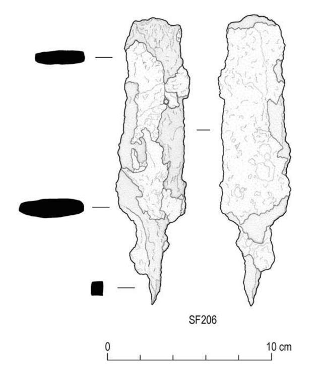 The outline of the Iron Age dagger found at the Bothwell Scottish medieval settlement site.