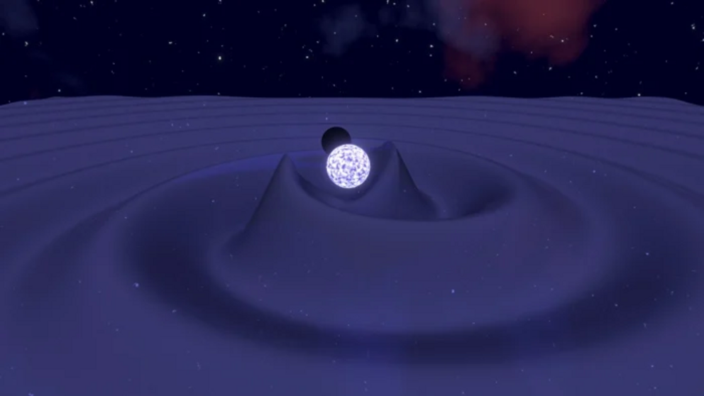 Artist's impression of gravitational waves generated by a neutron star-black hole binary.