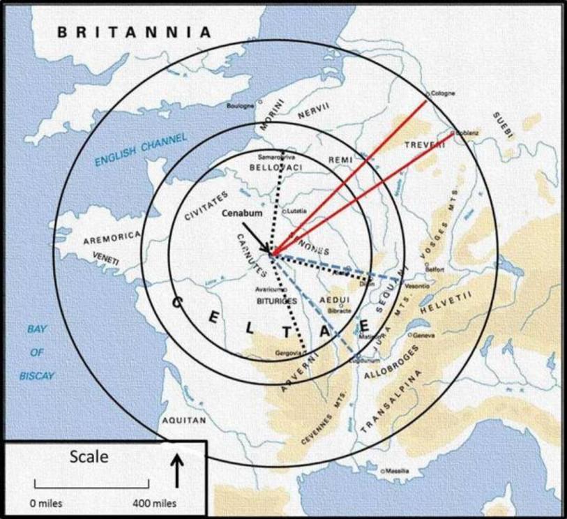 Fig. 6. Caesar never mentioned where the center of Gaul was, so I used the Iron Age town of Cenabum as its central point – and it produced some interesting results. 