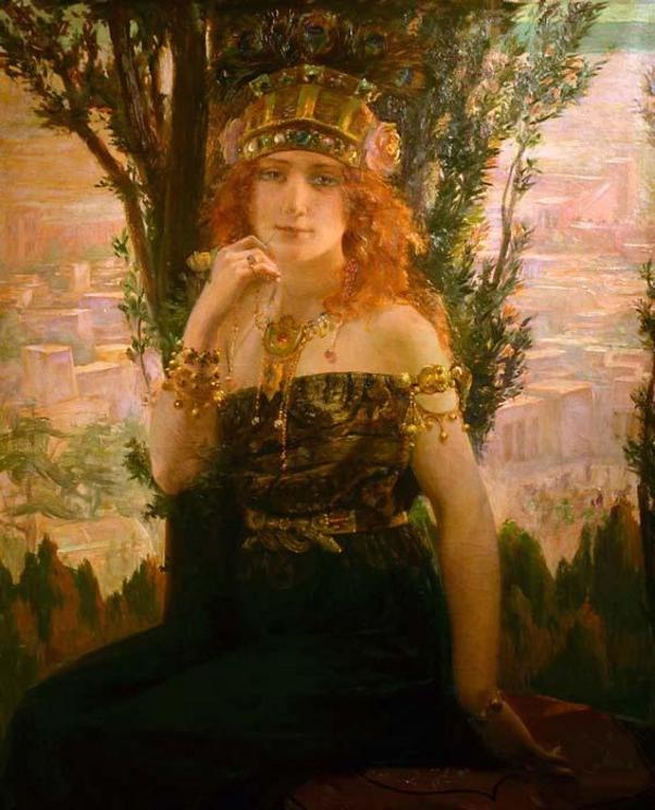 Helen of Troy is remembered in Greek mythology as the most beautiful woman in the world. Oil painting by Gaston Bussière from 1895.