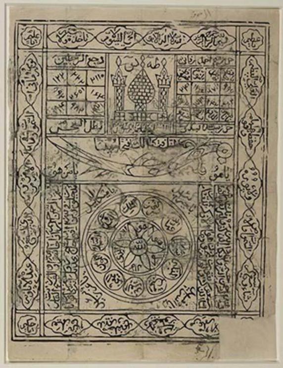 Islamic stamped amulet, 19th-century India. Executed on a very thin white paper, the amulet comprises a number of magic squares, Qur'anic verses, and divine or holy names all intended to bring good luck or provide protection to its owner.