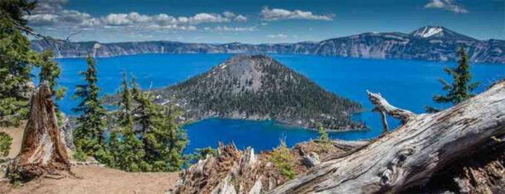 Wizard Island in Crater Lake National Park in the Oregon Cascade Range.