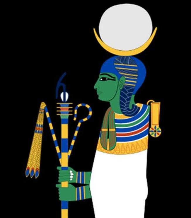 Khonsu, an ancient Egyptian god depicted as a mummiform child with a moon disk on his head.