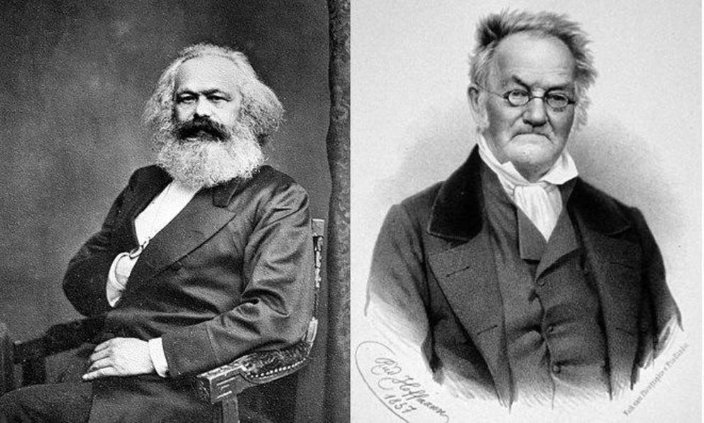 Karl Marx (left – displaying the “hidden hand” Freemasonry Luciferian sign) and Karl Ritter (right). These two men are credited with developing modern day political theories that divide nations.