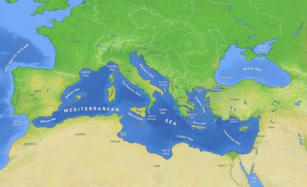 Map of the Mediterranean Sea with subdivisions, straits, islands and countries