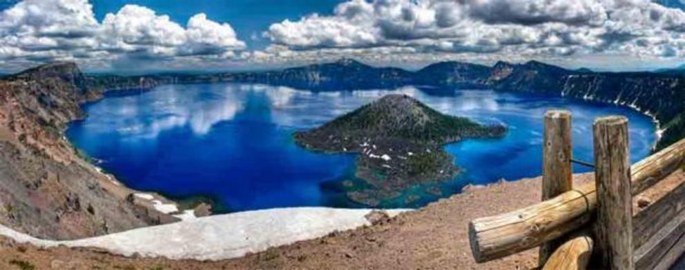 A panoramic shot of Crater Lake in winter from a different perspective.