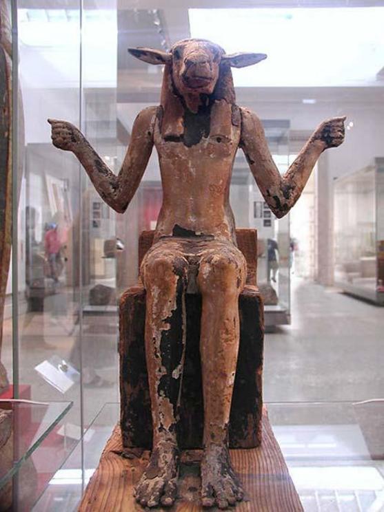 Ram-headed demon, hands outstretched probably to hold two snakes. From a royal tomb in the Valley of the Kings, Thebes, Egypt. End of the 18th Dynasty, around 1325 BC.