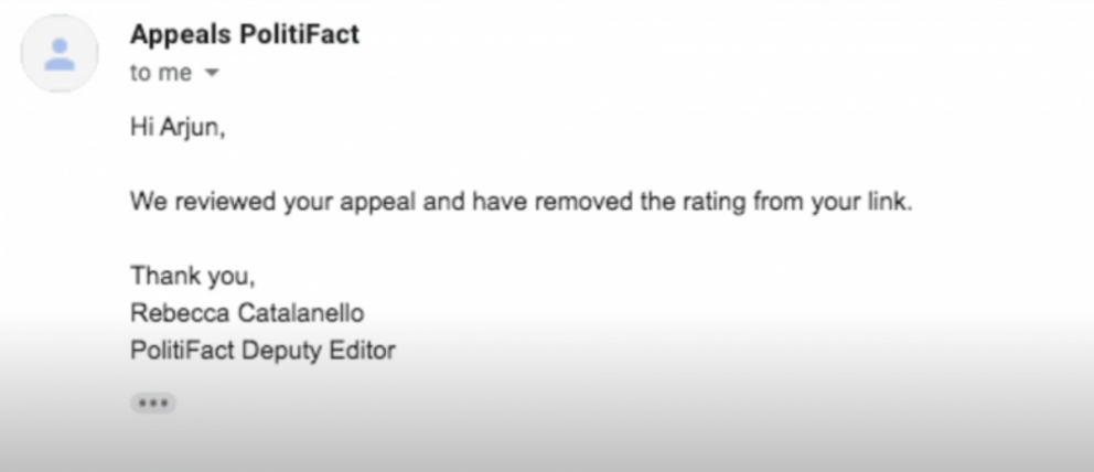 An email we received from Politifact for a fact check they wrongly applied to a piece of content we put out in 2020.