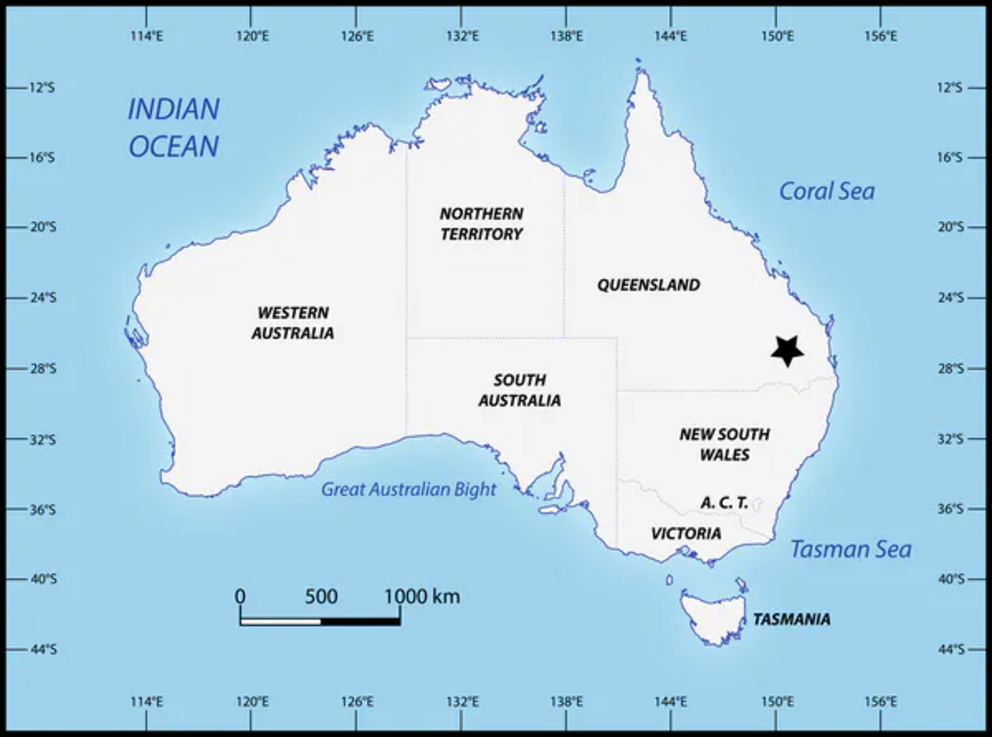 Map of Australia, with the black star indicating the Darling Downs region where the skull of Gunggamarandu maunala was found.