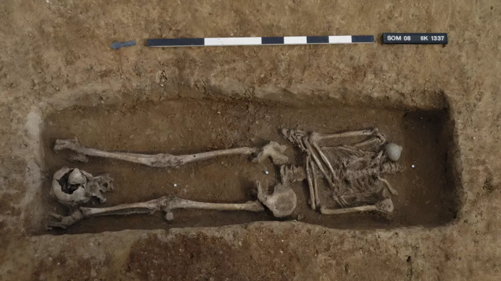 The skull from this decapitated skeleton was buried at the individual's feet.