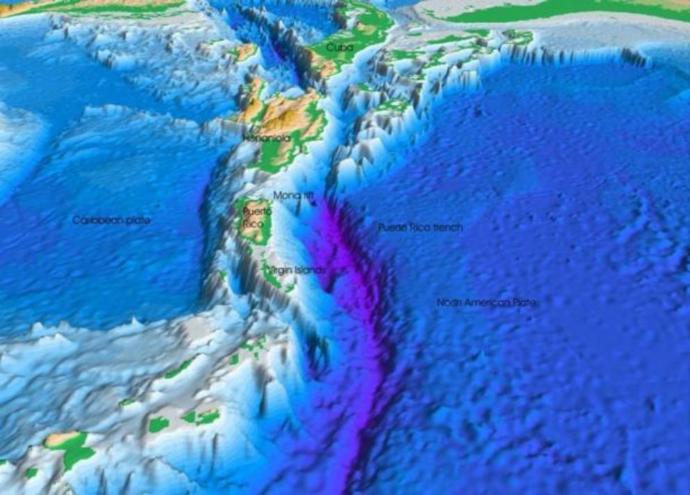 Perspective view of the sea floor of the Atlantic Ocean and the Caribbean Sea.