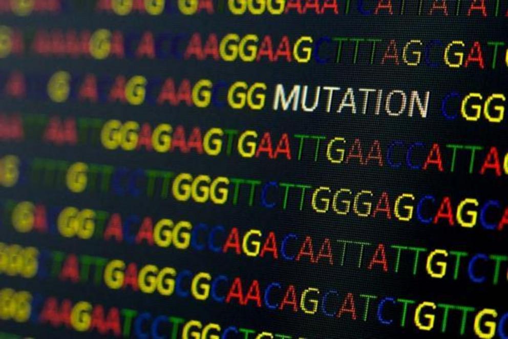 DNA sequences in colored letters on a black background containing the word 