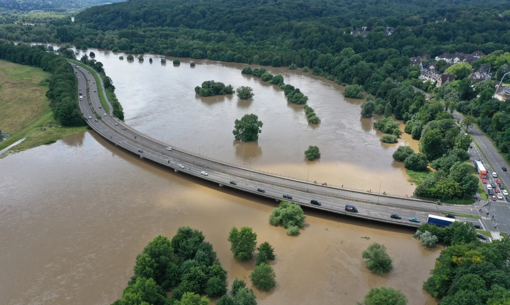 The Ruhr river in Essen, North Rhine-Westphalia, before and after the flooding.