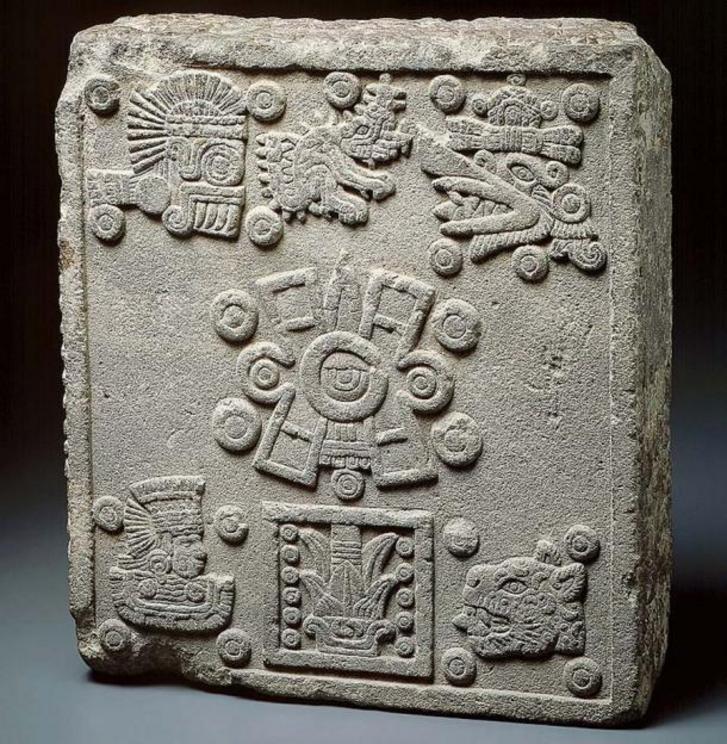 The Aztec “Stone of the Five Suns,” clockwise from bottom right: 4 Jaguar, 4 Wind, 4 Rain, 4 Water; 4 Movement in the center