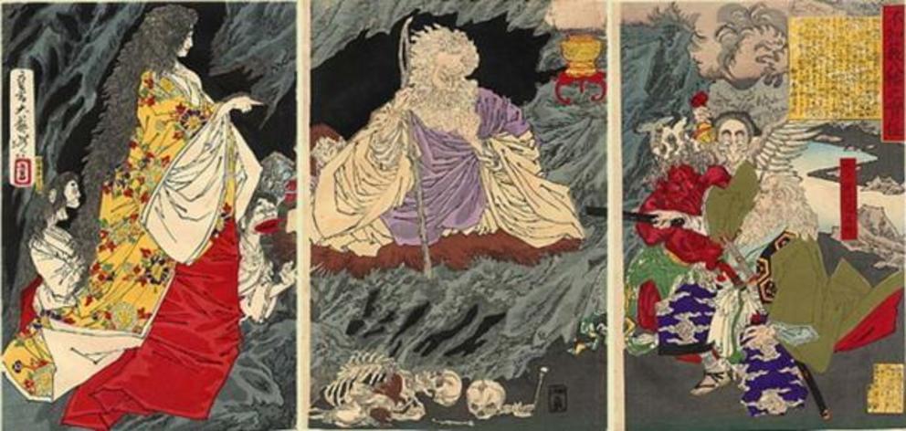 The Ghost by Tsukioka Yoshitoshi The print depicts Mitokomon Mitsukuni-ko defeating a ghost in Yahata 