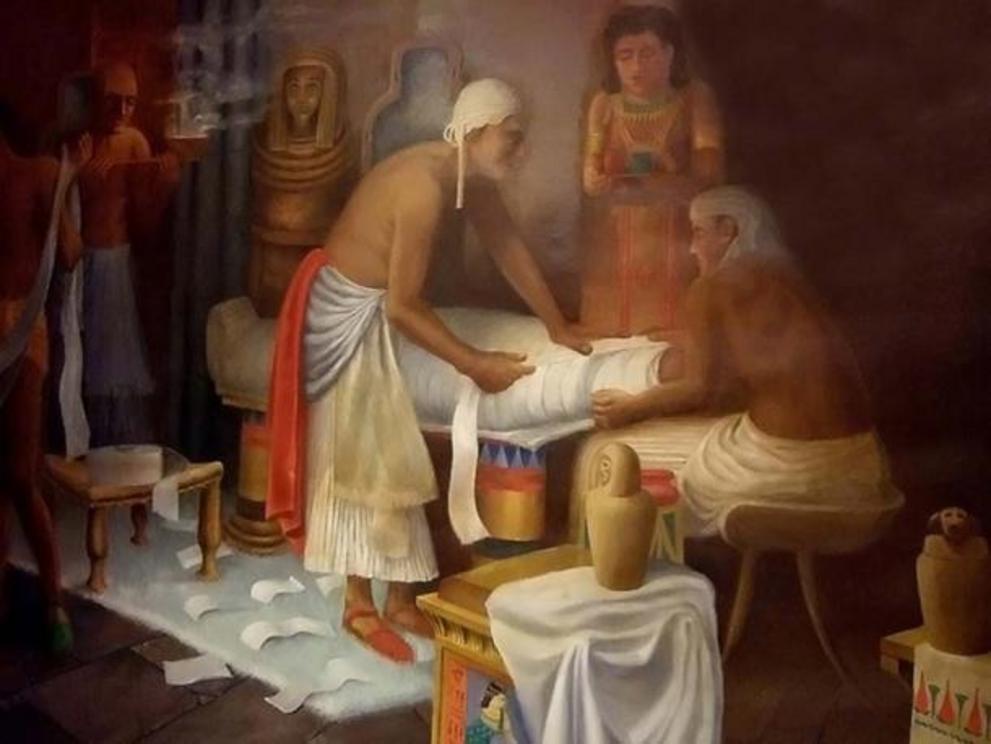 Mural of Egyptian Mummy Preparation at the Rosicrucian Egyptian Museum.