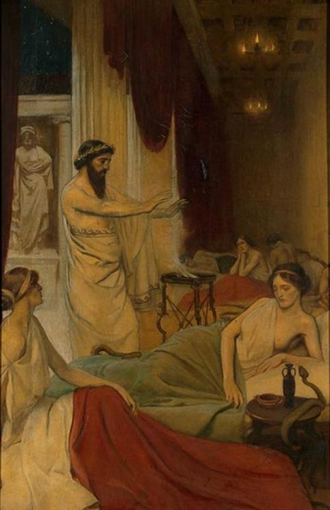 Patients sleeping in the temple of Aesculapius at Epidaurus, Ernest Board.