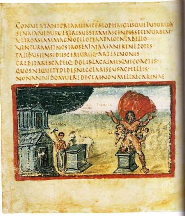 Folio 18v of the Vergilius Vaticanus, depicting the death of Laocoön.