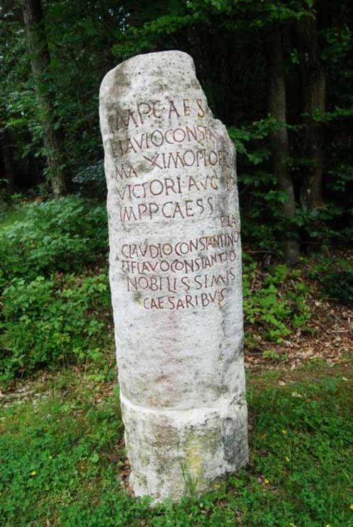 A Roman boundary stone in a forest near Kelberg, Germany. This stone was clearly part of Emperor Claudius's ambitious project to mark all Roman Empire boundaries as his name appears in the inscription.